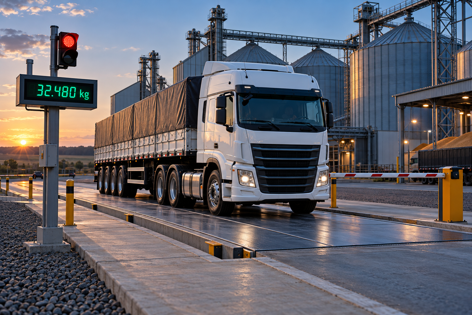 Caminhão em balança rodoviária, com indicador digital de peso e semáforo