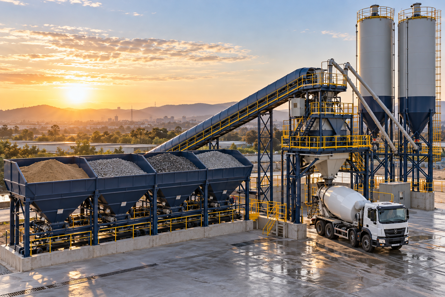 Cena ilustrativa de usina de concreto com dosadores, esteira, silos e betoneira na área de carregamento